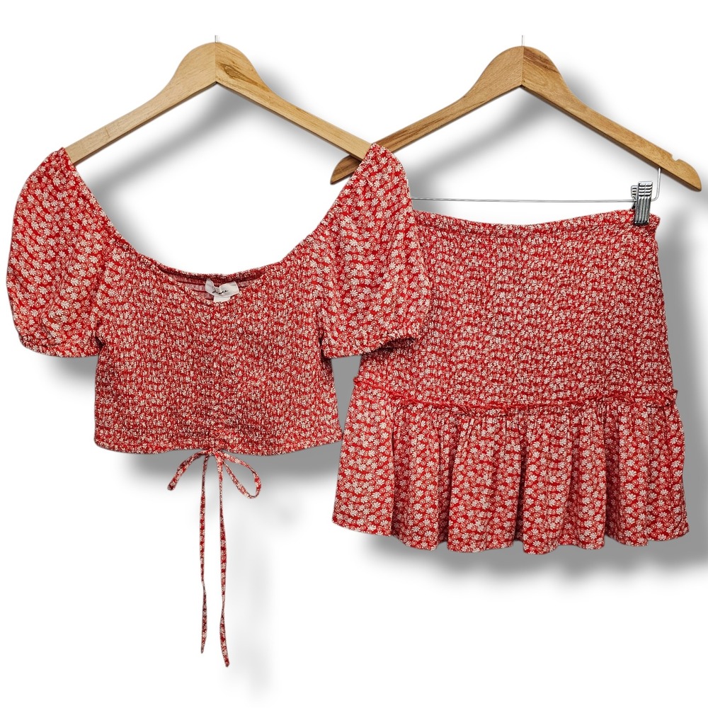 Japna Crop Top & Mini Skirt Set M Womens Red Floral5 Smocked Cottage Picnic Chic